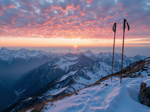 雪山风景，白雪皑皑的山峰在夕阳下呈现金黄色光芒，山峦层次分明，天空呈现渐变色彩